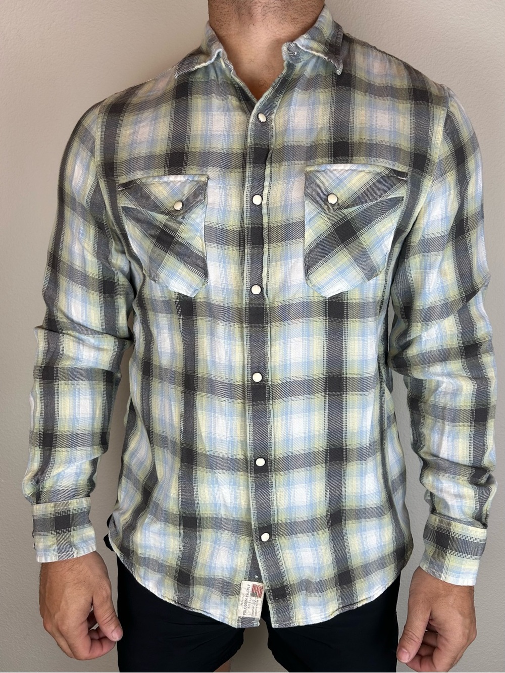 Denim & Supply Ralph Lauren Men L Western Pearl Snap Plaid Long Sleeve Shirt